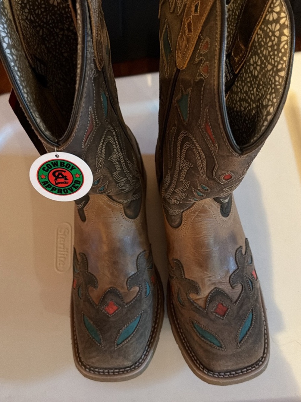 Laredo Brown Leather Western Boots with Teal and Red Inlay